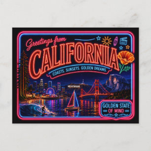 Kalifornien Neon State Retro Vintage Postkarte