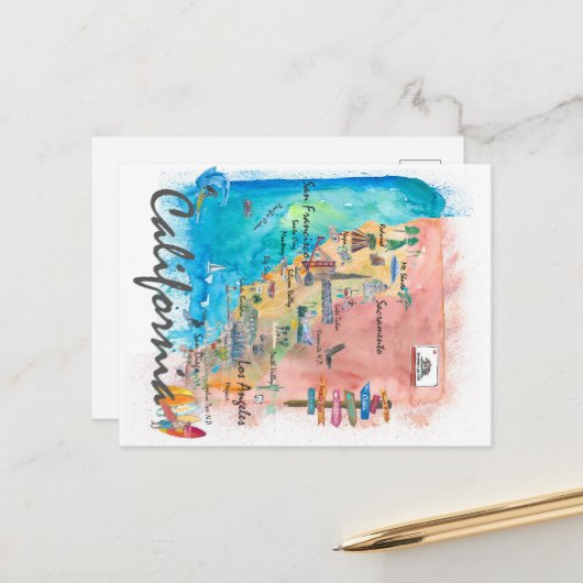 Kalifornien Retro Travel Map Feiertagspostkarte (Vorderseite/Rückseite Beispiel)