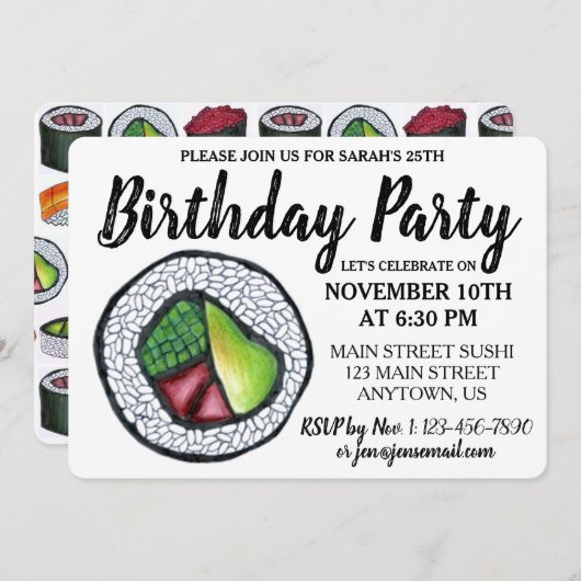 Kalifornien Roll Japanese Food Sushi Birthday Part Einladung (Vorne/Hinten)
