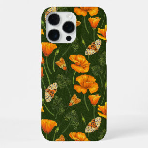 Kalifornische Mohnblumen und Motten auf dunkelgrün iPhone 16 Pro Max Hülle