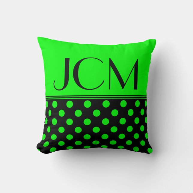 Kalkgrün/schwarz-Polka-Dot-Monogramm Kissen (Vorderseite)