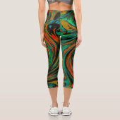 Kalkgrün und orange Abstrakter Retrowirbel Capri Leggings (Rückseite)