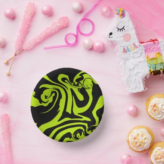 Kalkgrün und schwarz-Retromarmorwirbel Pappteller (Party)