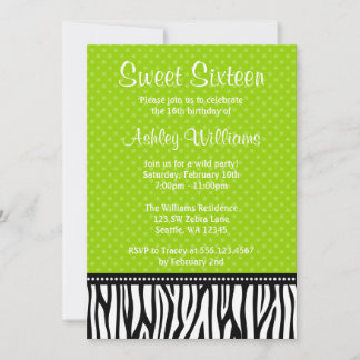 Kalkgrün und Schwarz Zebra Polka Dot Sweet 16 Einladung