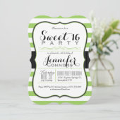 Kalkgrün und weiße Streifen Sweet 16 Party Einladung (Stehend Vorderseite)