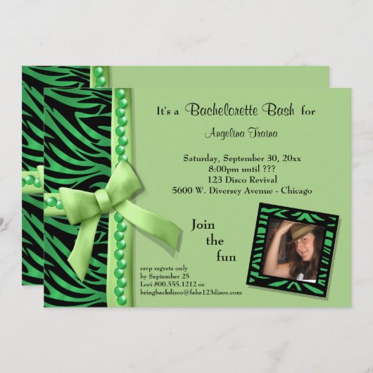 Kalkgrüne Perlen und Zebrastreifen Einladung (Vorne/Hinten)