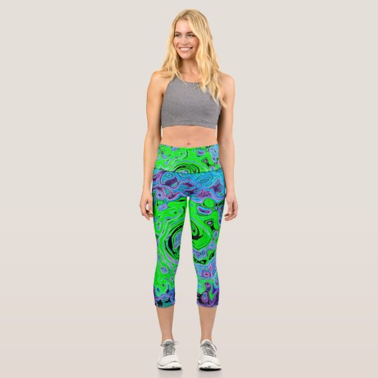 Kalkgrüner Groovy Abstrakt Retro Liquid Swirl Capri Leggings (Vorderseite)