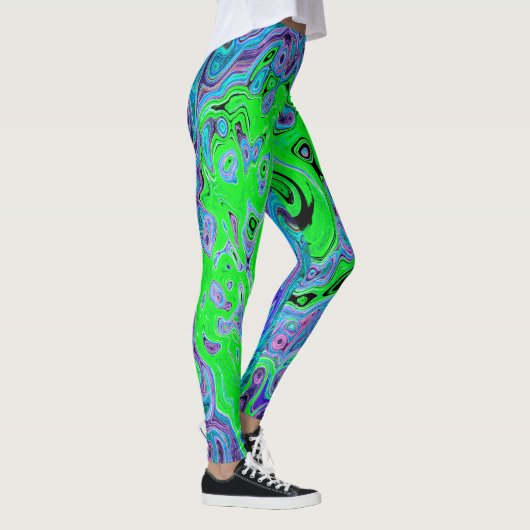 Kalkgrüner Groovy Abstrakt Retro Liquid Swirl Leggings (Rechts)