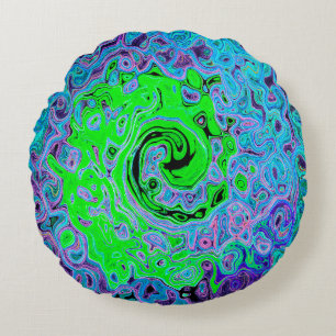 Kalkgrüner Groovy Abstrakt Retro Liquid Swirl Rundes Kissen