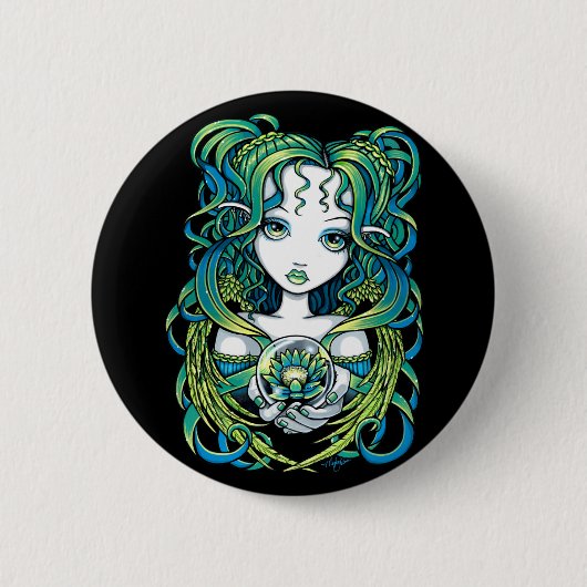 "Kallan" grüner Lotus Wasser-Engel Pinback Knopf Button (Vorderseite)