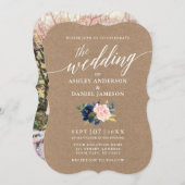 Kalligrafie Blau Pink Floral Wedding Kraft Foto Einladung (Vorne/Hinten)