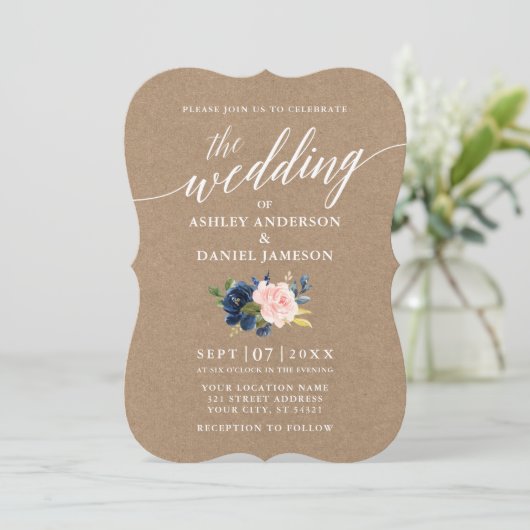 Kalligrafie Blau Pink Floral Wedding Kraft Foto Einladung (Stehend Vorderseite)