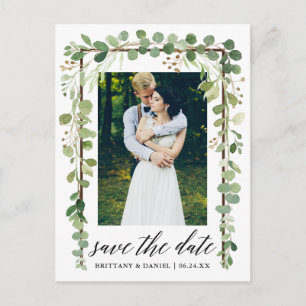 Kalligrafie Botanischer Save the Date-Holzrahmen Ankündigungspostkarte