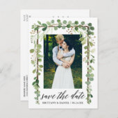 Kalligrafie Botanischer Save the Date-Holzrahmen Ankündigungspostkarte (Vorne/Hinten)