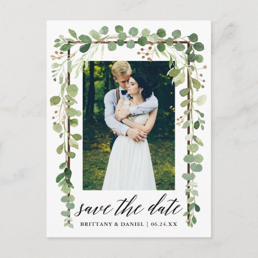 Kalligrafie Botanischer Save the Date-Holzrahmen Ankündigungspostkarte (Vorderseite)