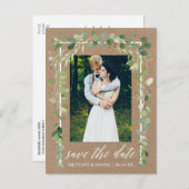 Kalligrafie Botanischer Save the Date Kraft Ankündigungspostkarte (Vorne/Hinten)