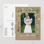 Kalligrafie Botanischer Save the Date Wood Kraft Ankündigungspostkarte (Vorne/Hinten)