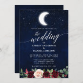 Kalligrafie Celestial Wedding Moon Stars Floral Einladung (Vorne/Hinten)