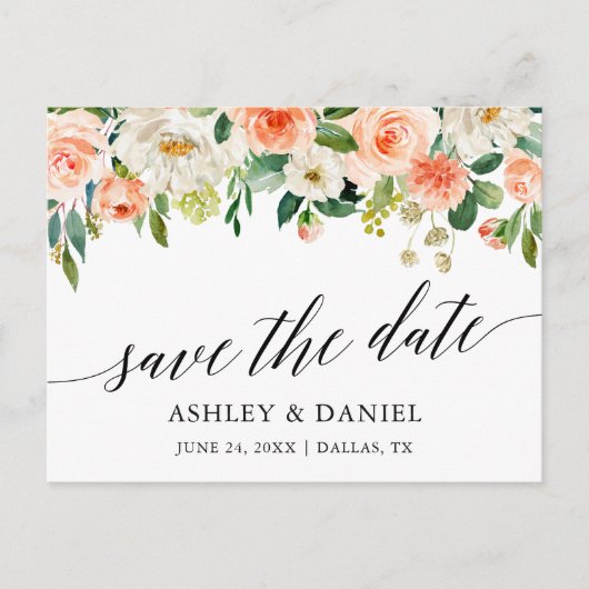 Kalligrafie Coral Floral Save the Date Postkarte (Vorderseite)