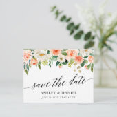 Kalligrafie Coral Floral Save the Date Postkarte (Stehend Vorderseite)