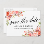 Kalligrafie Coral Floral Save the Date Postkarte (Vorne/Hinten)