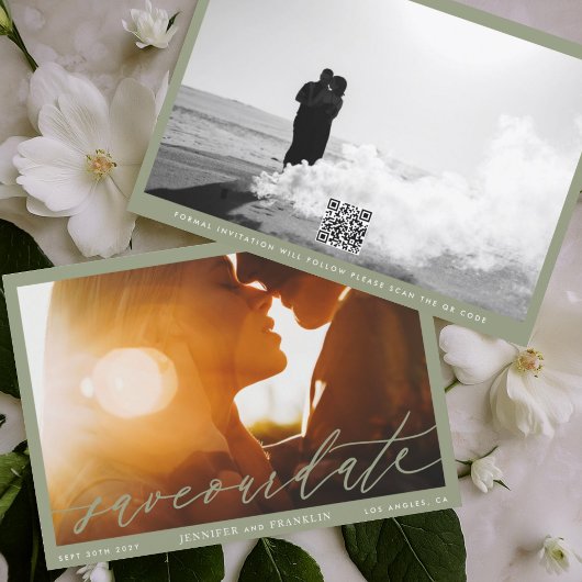 Kalligrafie des Fotos "gerahmt Sage Green QR Code" Save The Date