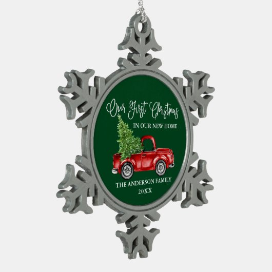 Kalligrafie Erste Weihnachtsfeier New Zuhause Truc Schneeflocken Zinn-Ornament (Links)
