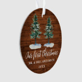 Kalligrafie Erste Weihnachtsfeier Rustikales Holz  Ornament (Vorderseite)