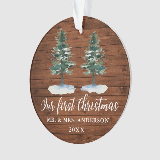 Kalligrafie Erste Weihnachtsfeier Rustikales Holz Ornament (Vorderseite)