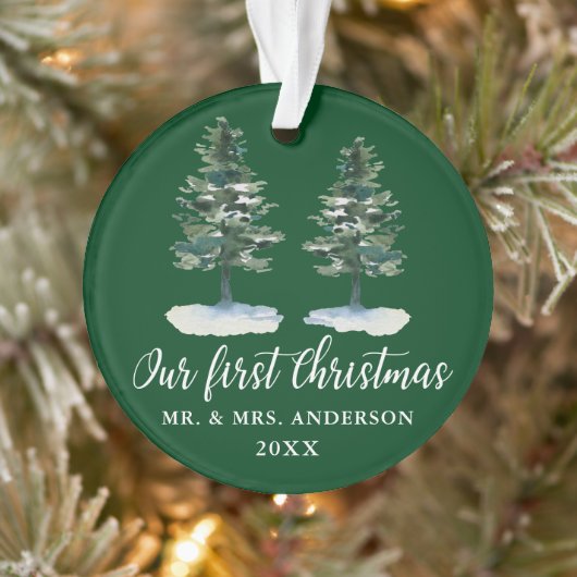 Kalligrafie Erste Weihnachtswasserfarbe Zwei Pinie Ornament (Baum)