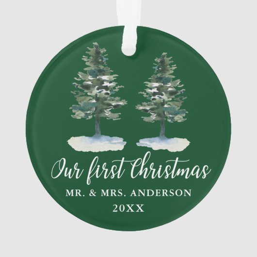 Kalligrafie Erste Weihnachtswasserfarbe Zwei Pinie Ornament (Rückseite)