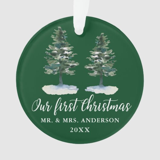 Kalligrafie Erste Weihnachtswasserfarbe Zwei Pinie Ornament (Vorderseite)