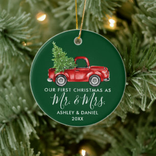 Kalligrafie Erstes Weihnachten Herr Frau LKW Grün Keramik Ornament