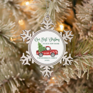 Kalligrafie Erstes Weihnachten Neues Zuhause LKW Schneeflocken Zinn-Ornament