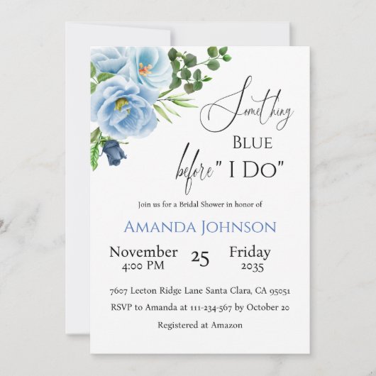 Kalligrafie Etwas Blue Floral Brautparty Einladung (Vorderseite)