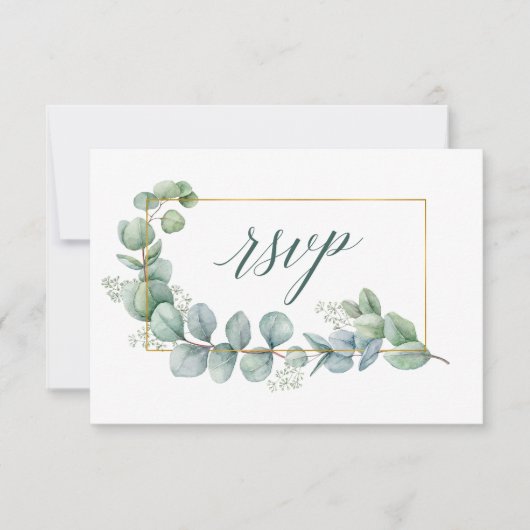 Kalligrafie Eukalyptus Green Wedding Gold Frame RSVP Karte (Vorderseite)