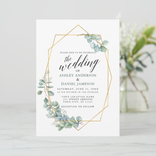 Kalligrafie Eukalyptus Greenery Gold Frame Wedding Einladung (Stehend Vorderseite)