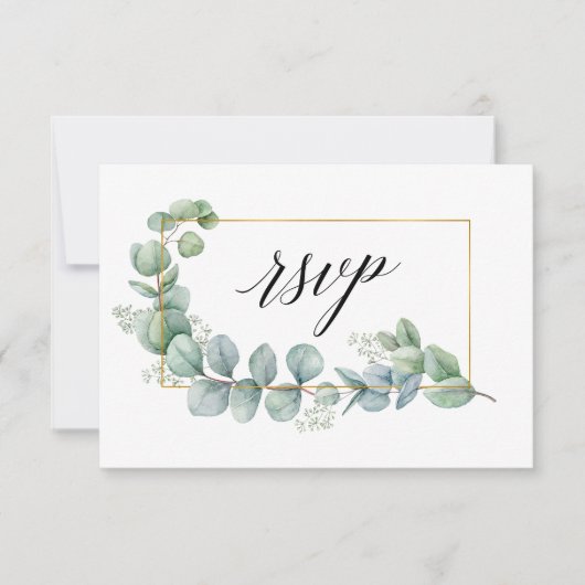 Kalligrafie Eukalyptus Greenery Gold Frame Wedding RSVP Karte (Vorderseite)