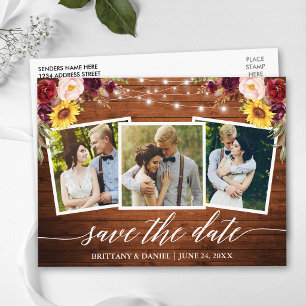 Kalligrafie Florale Holz Burgunder Save The Date Postkarte