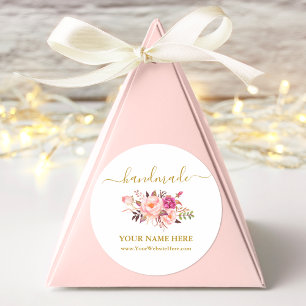 Kalligrafie Handmade Watercolor Pink Floral Gold Runder Aufkleber