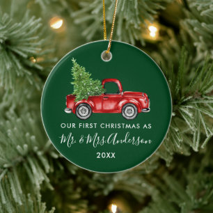 Kalligrafie Herr Frau Erstes Weihnachten LKW Grün Keramik Ornament