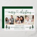 Kalligrafie Herz 3 Foto Weihnachtsferien Gold Folien Feiertagskarte<br><div class="desc">Modern Calligrafy Gold Foil Script 3 Foto Family Foto Collage Die Weihnachtskarte enthält Watercolor Pine Trees - Ihre Fotos in goldfarbenen Rahmen mit einem Forest Green Back</div>