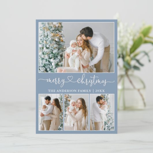 Kalligrafie Herz 4 Foto Weihnachten Dusty Blue (Stehend Vorderseite)