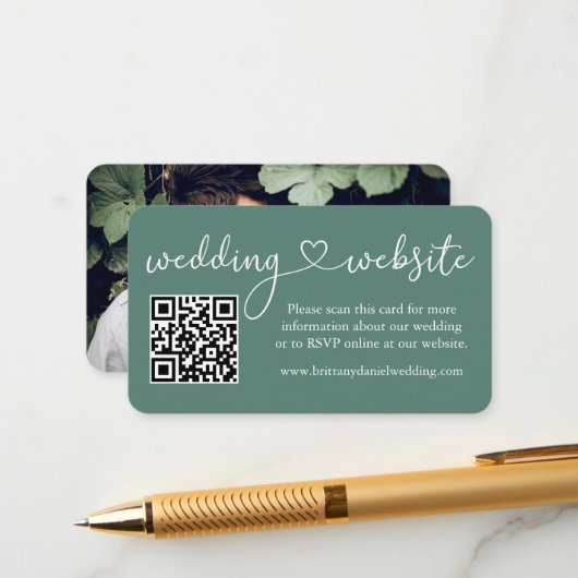 Kalligrafie Herz Eukalyptus Green Wedding Web QR Begleitkarte (Vorderseite/Rückseite Beispiel)