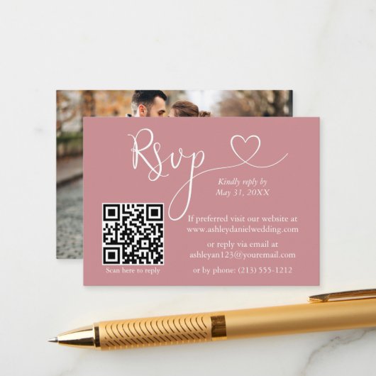 Kalligrafie Herz Foto Hochzeit Dusty Rose QR UAWG Begleitkarte (Vorderseite/Rückseite Beispiel)
