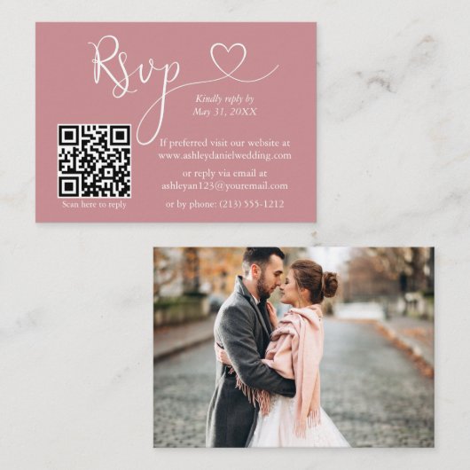 Kalligrafie Herz Foto Hochzeit Dusty Rose QR UAWG Begleitkarte (Vorne/Hinten)