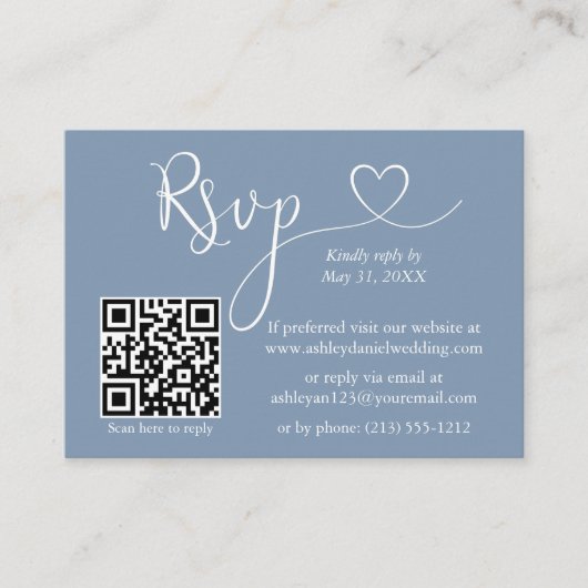 Kalligrafie Herz Foto Wedding Dusty Blue QR UAWG Begleitkarte (Vorderseite)