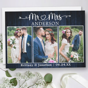 Kalligrafie-Herz Herr Frau Blau Holz Hochzeit Dankeskarte