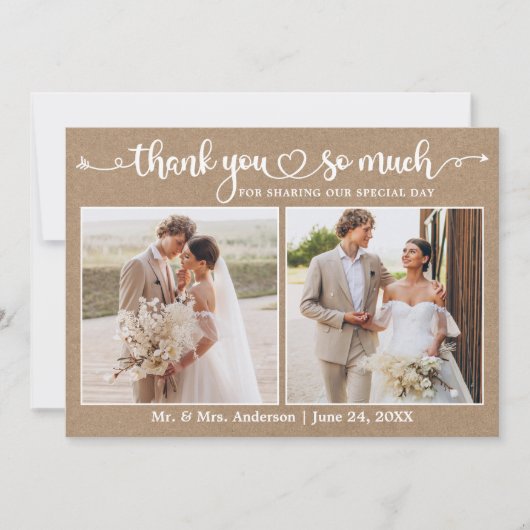 Kalligrafie Herz Script 2 Foto Kraft Wedding Dankeskarte (Vorderseite)