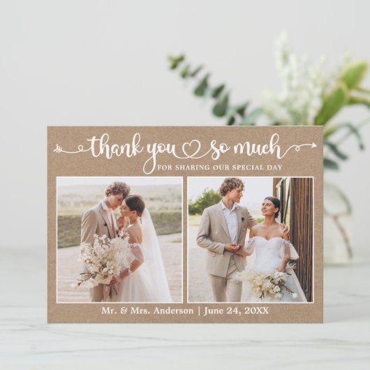 Kalligrafie Herz Script 2 Foto Kraft Wedding Dankeskarte (Stehend Vorderseite)